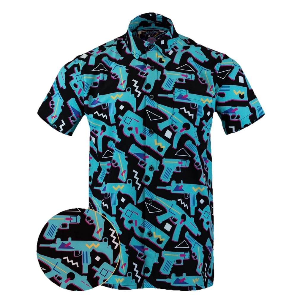 Retro Rifle Shirt Mens Sz L Blue Button Up Short Sleeve Gun Print Abstract Funny